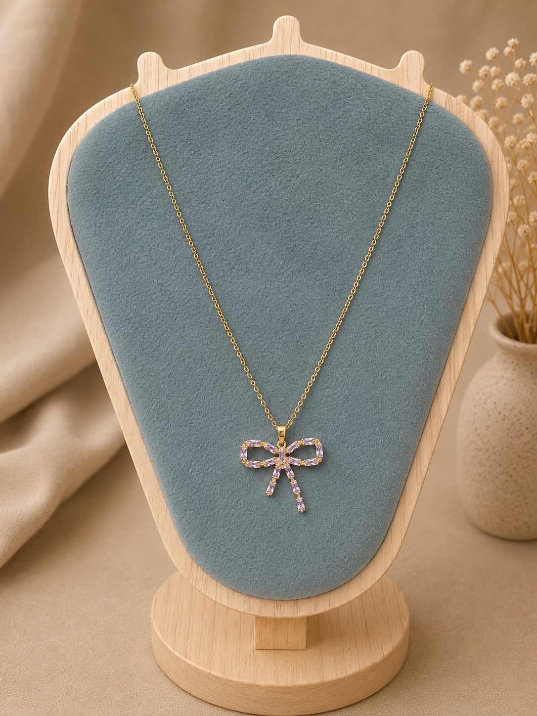 Pink Crystal Bow Pendant Necklace