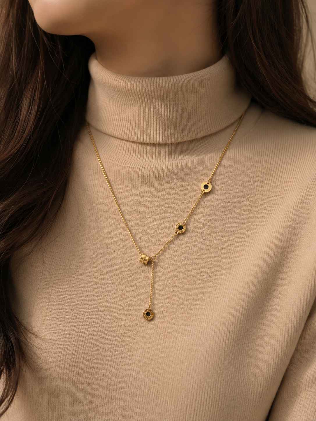 Gold Dual-Tone Circle Lariat Necklace