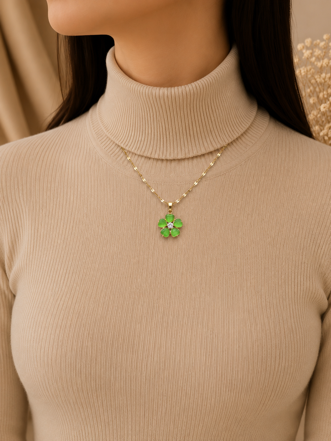 Jade Green Flower Pendant Necklace