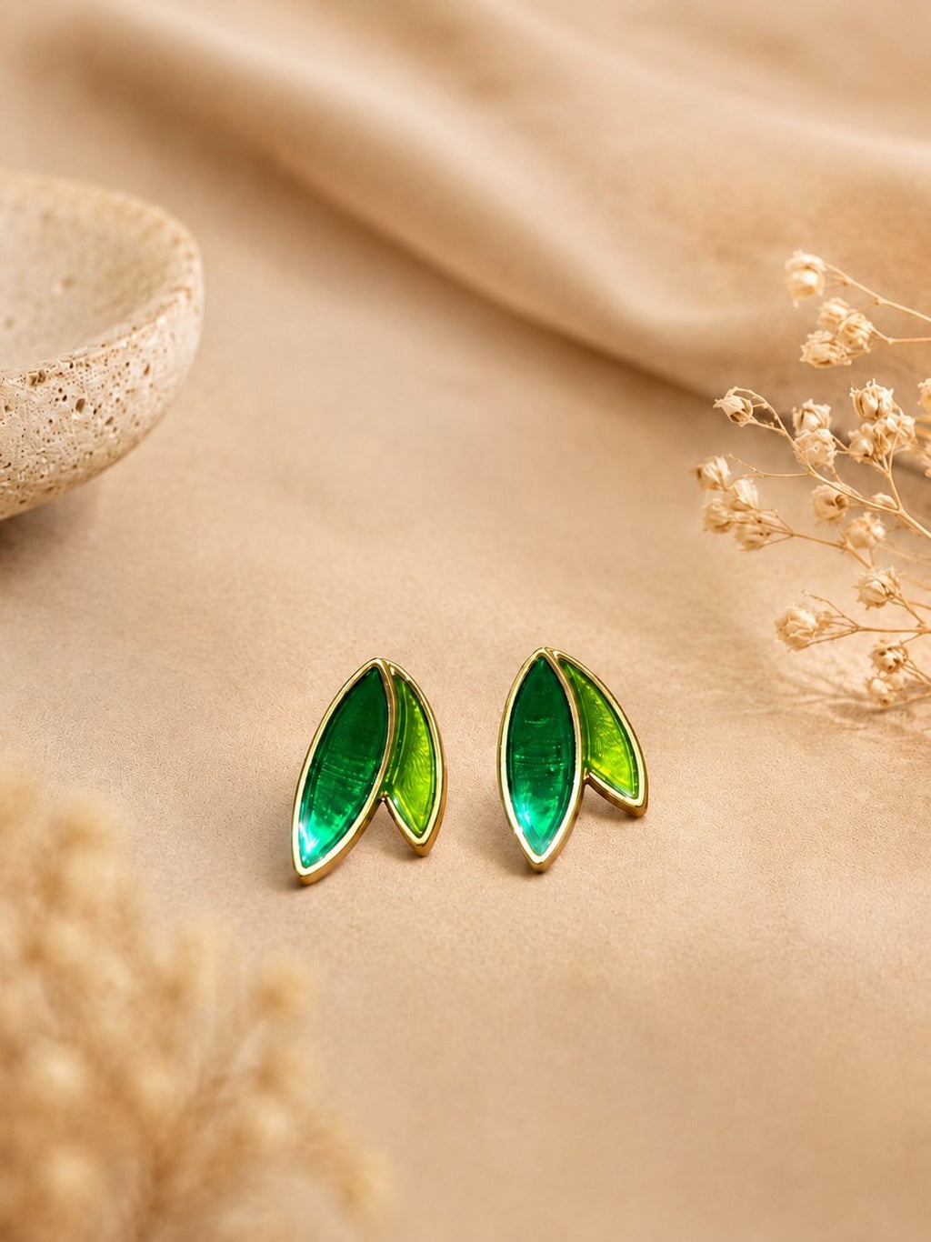 Green Leaf Stud Earrings