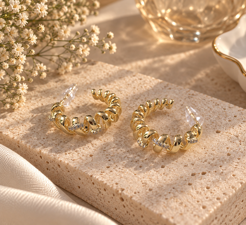 Sculpted Spiral Crystal Hoop Earrings