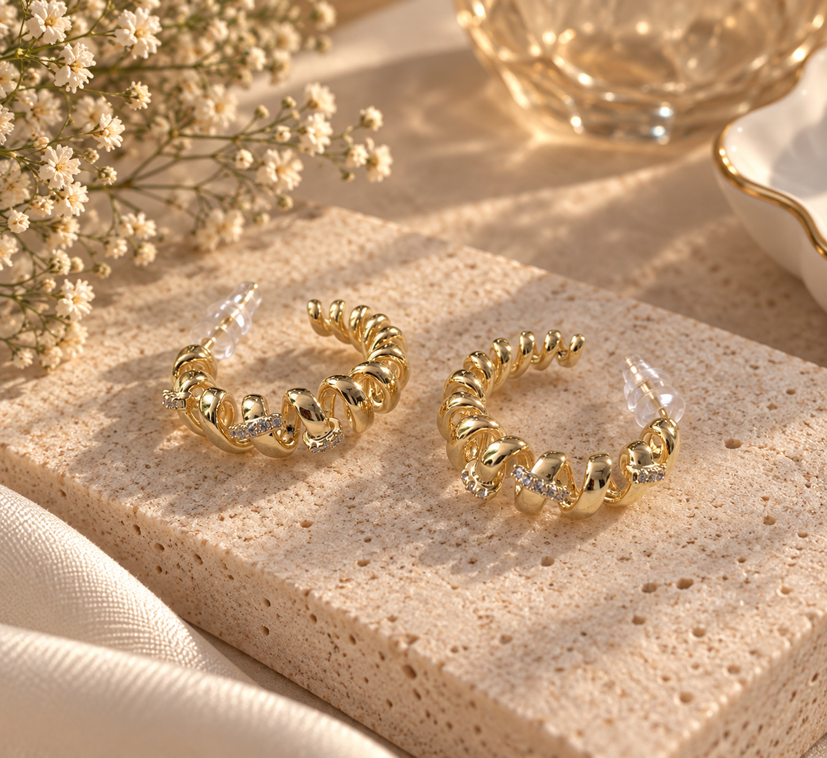 Sculpted Spiral Crystal Hoop Earrings
