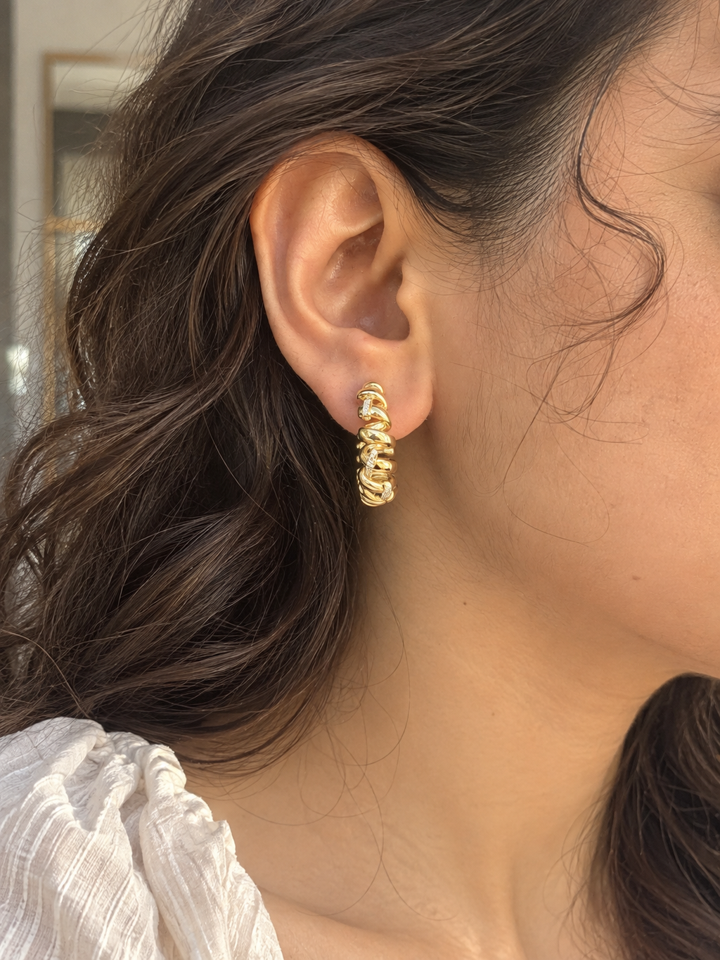 Sculpted Spiral Crystal Hoop Earrings