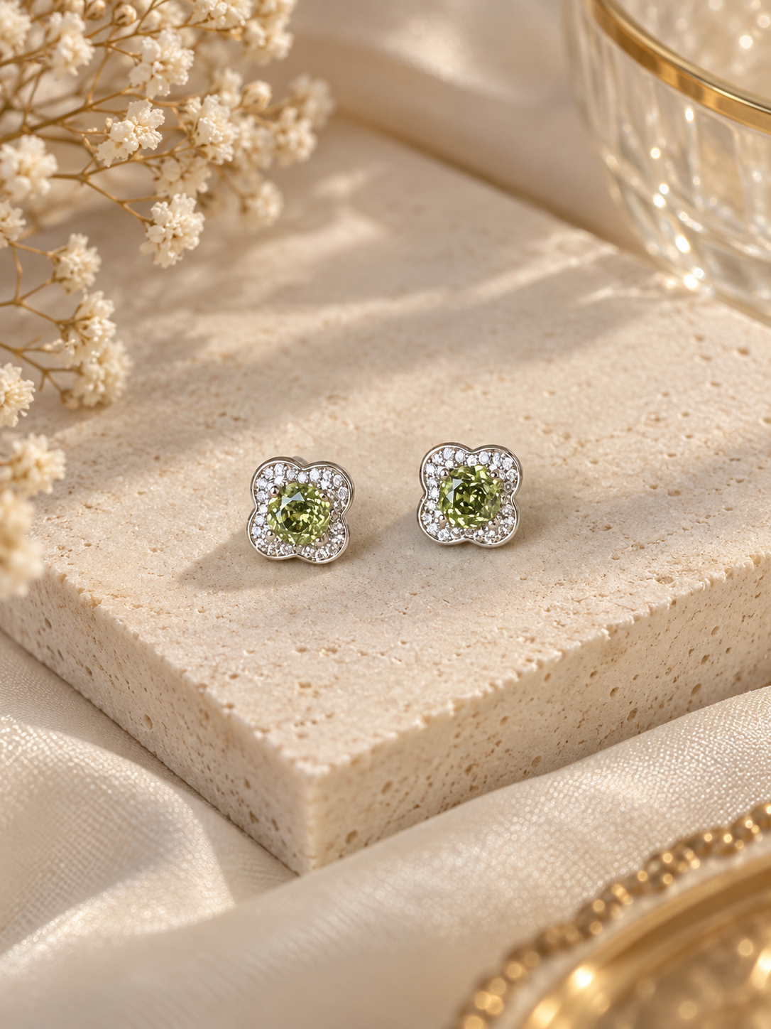 Green Clover Crystal Stud Earrings