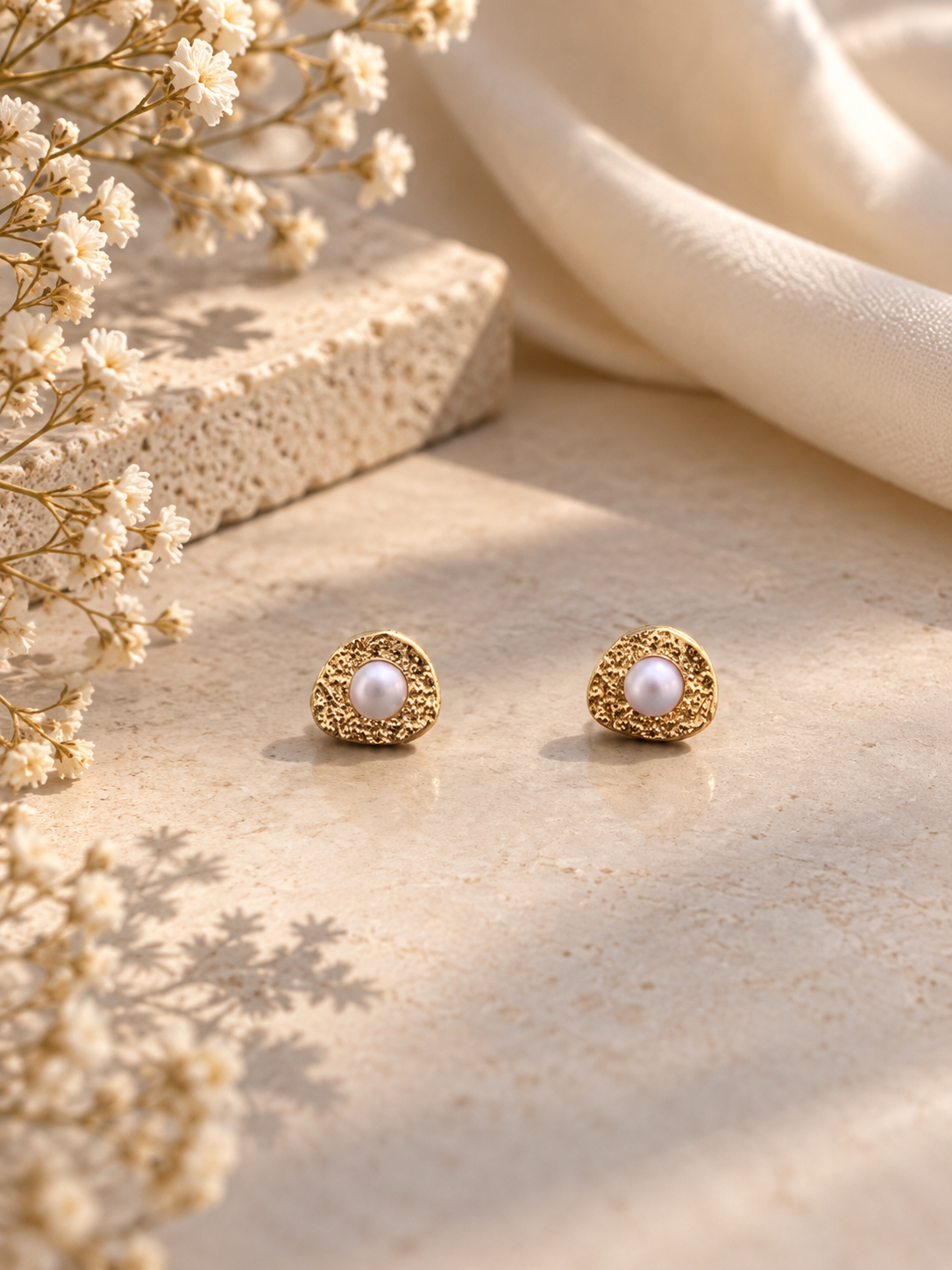 Textured Gold Pearl Stud Earrings