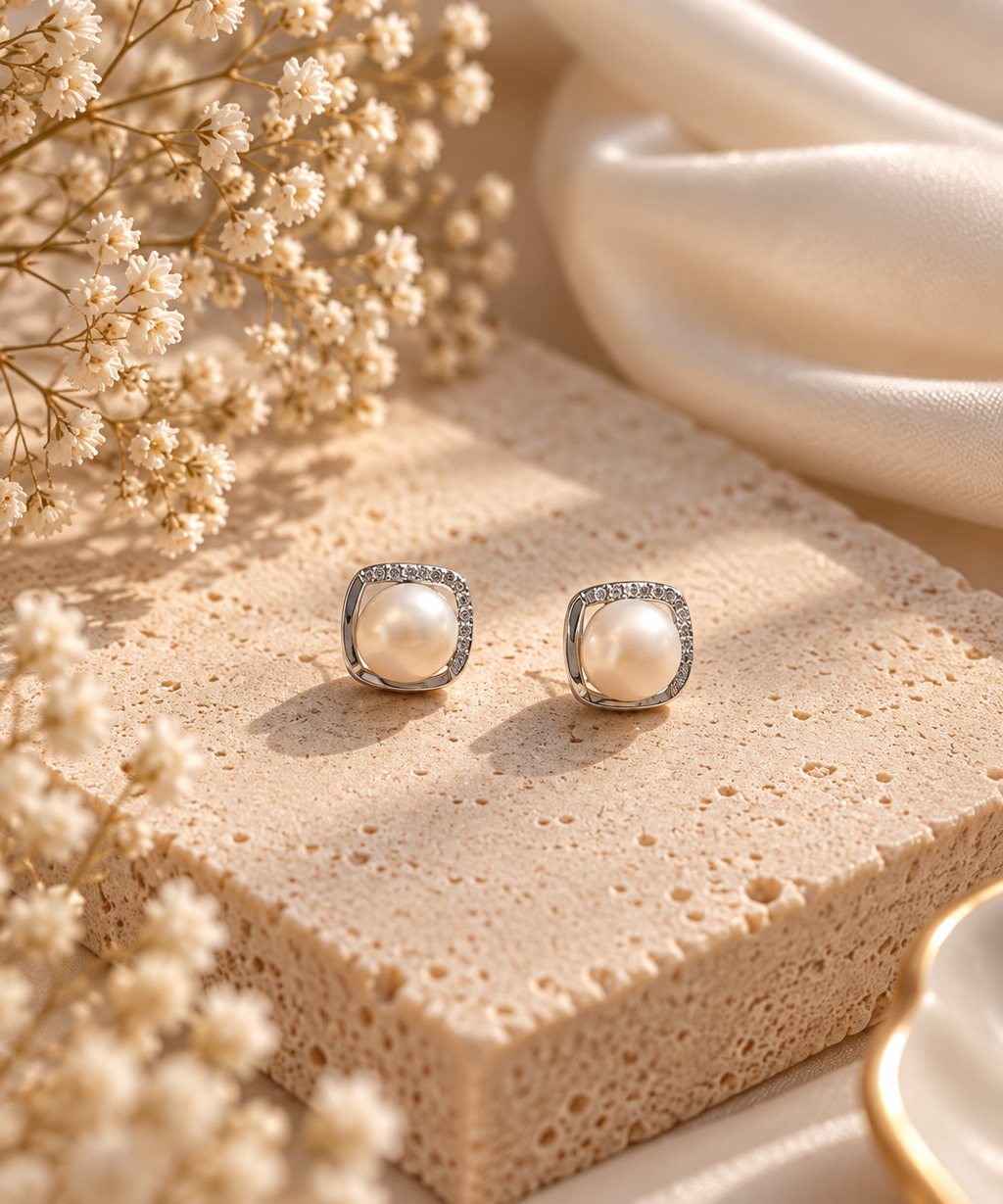 Pearl Square Halo Stud Earrings