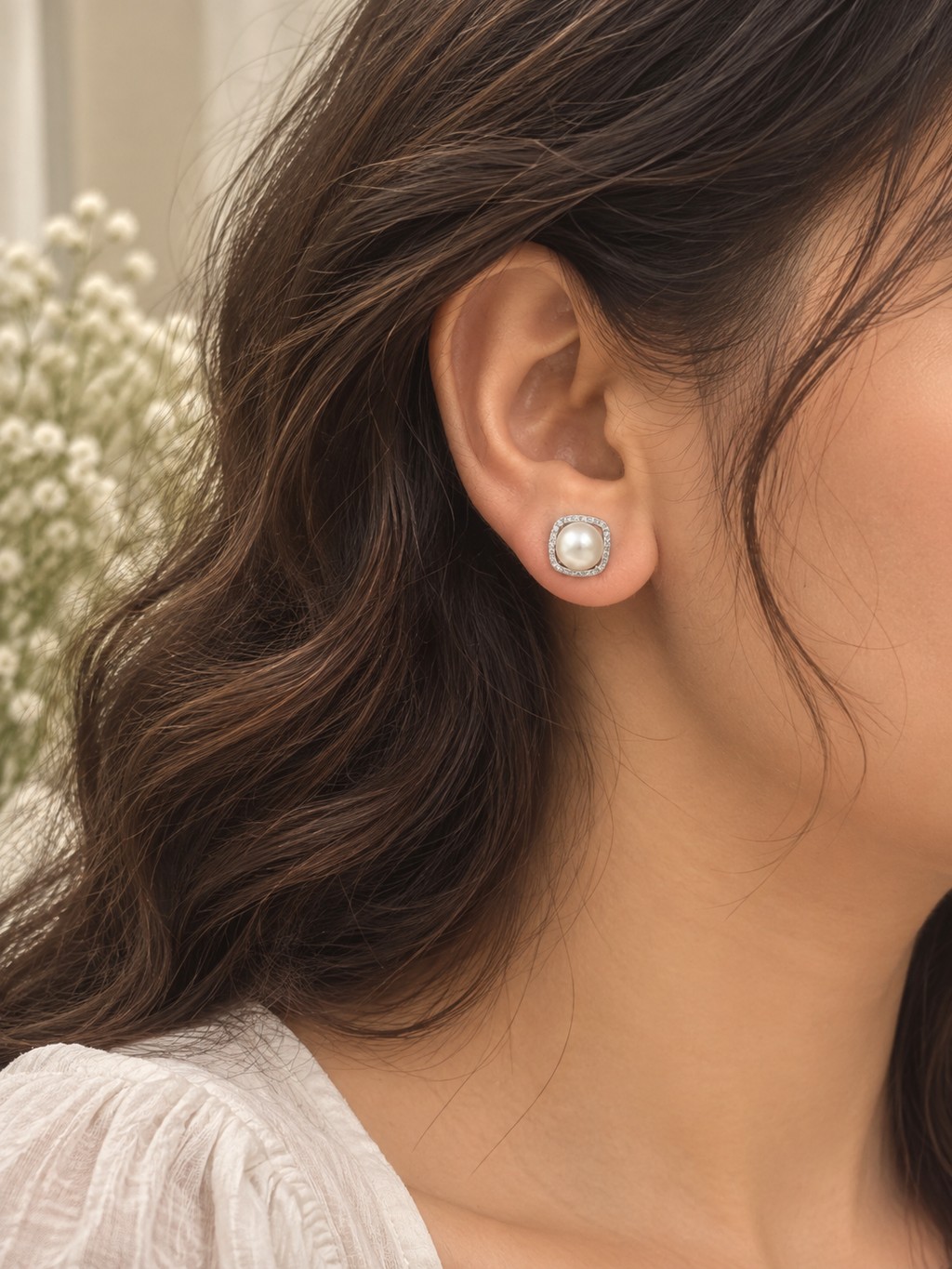 Pearl Square Halo Stud Earrings