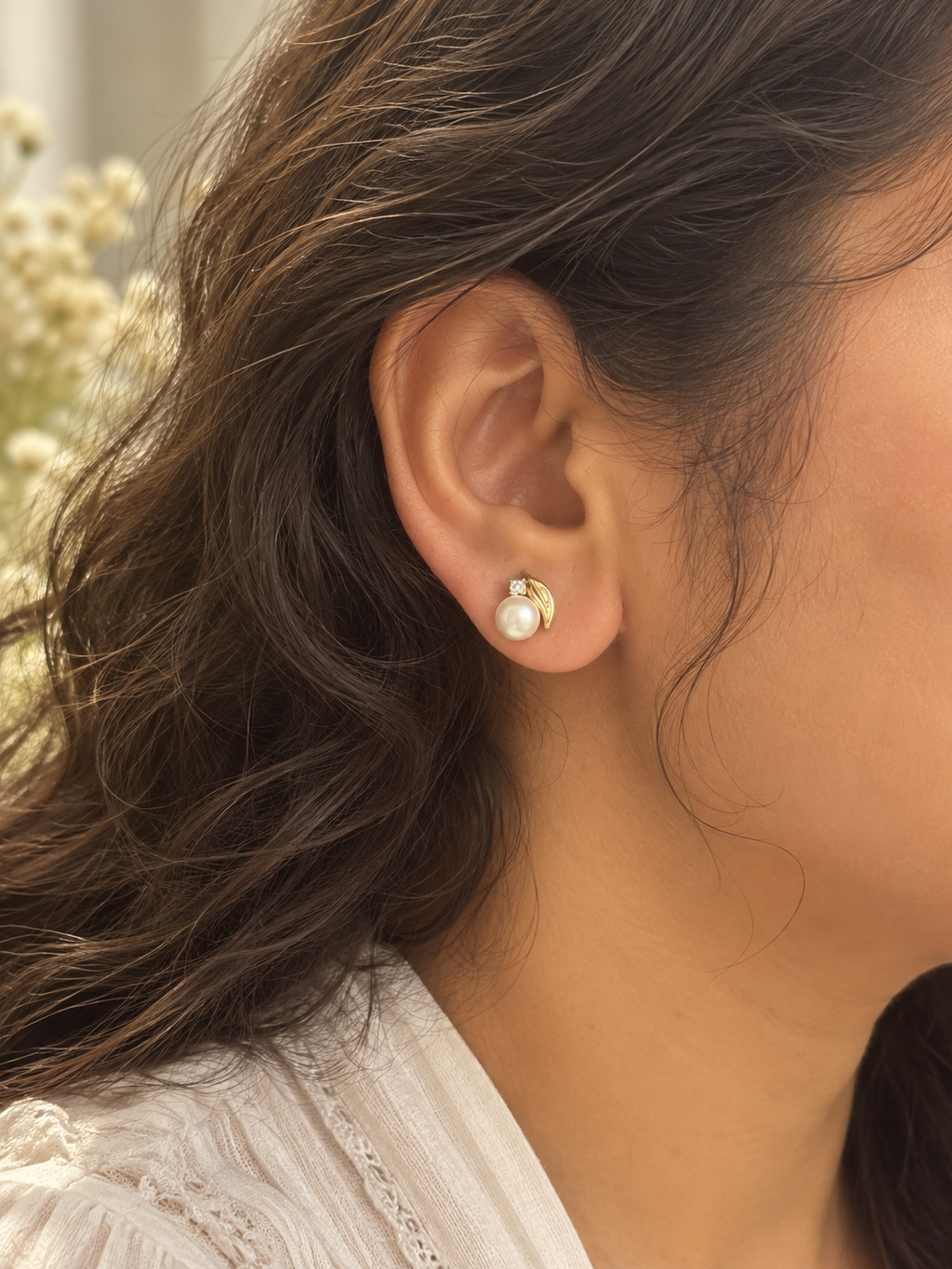 Pearl Leaf Accent Stud Earrings