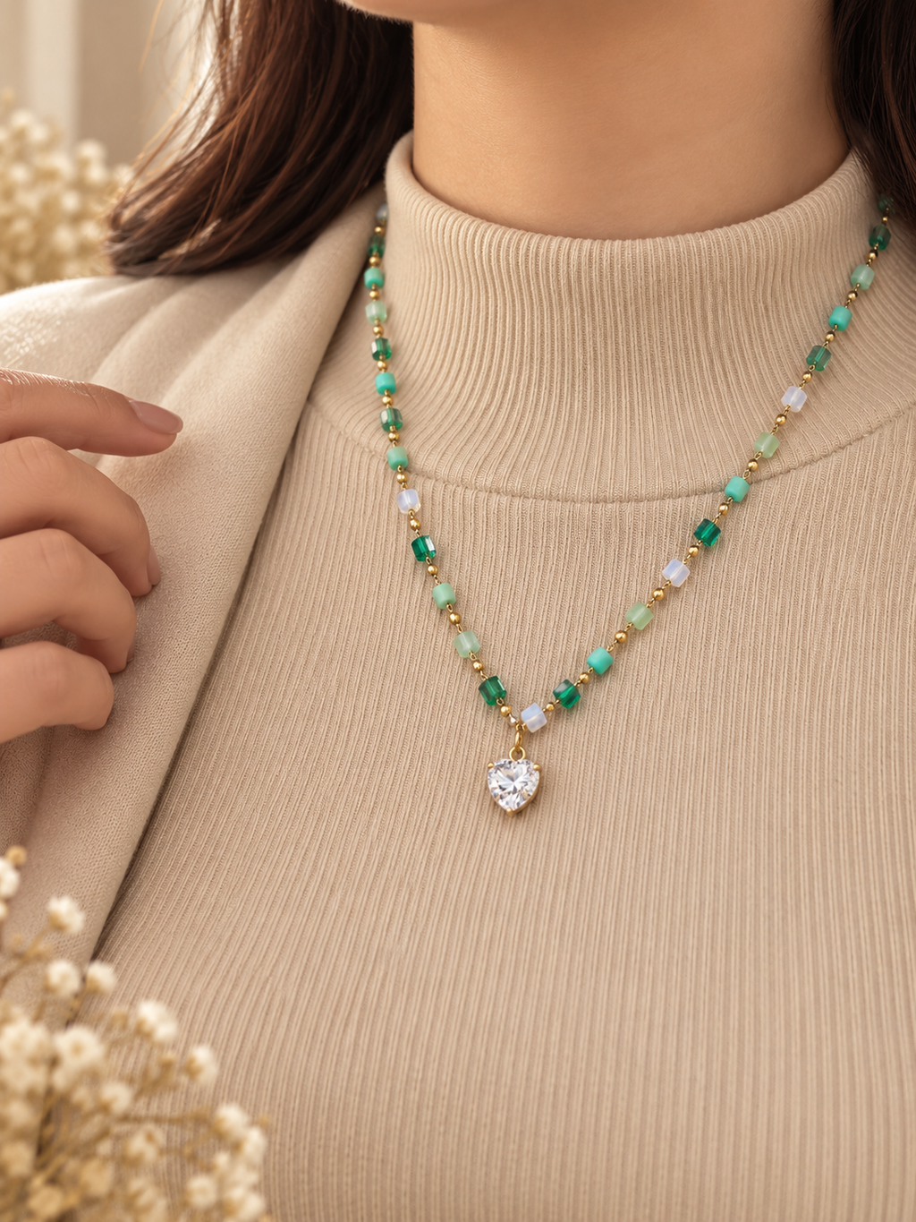 Emerald Heart Beaded Necklace