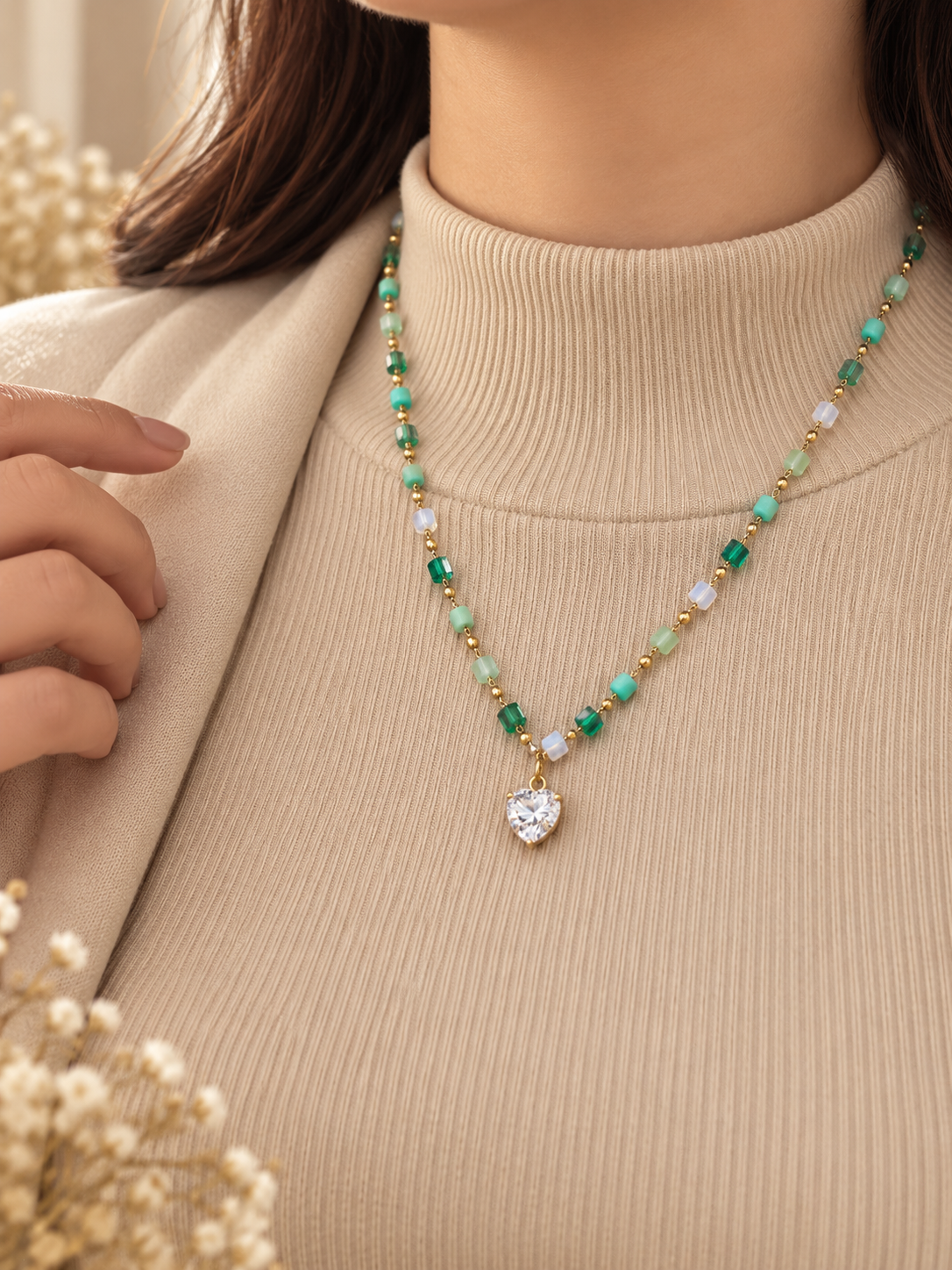 Emerald Heart Beaded Necklace