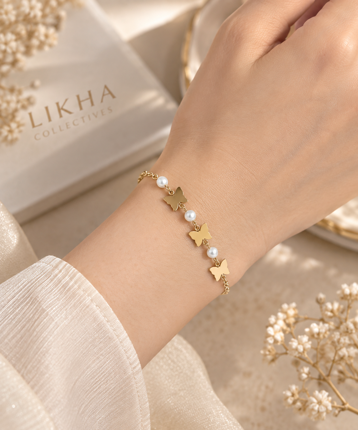 Golden Butterfly Pearl Bracelet