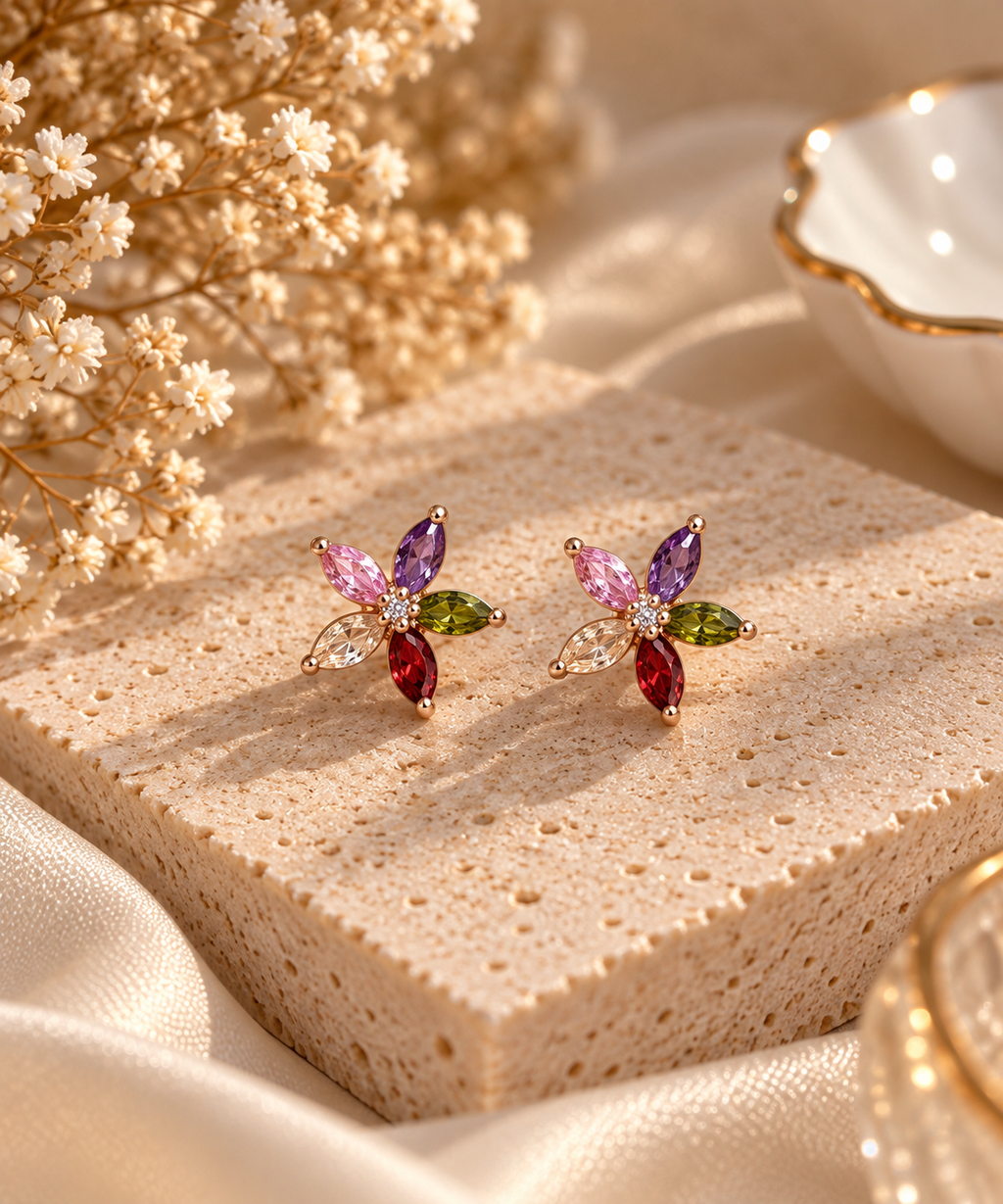 Rainbow Petal Crystal Stud Earrings