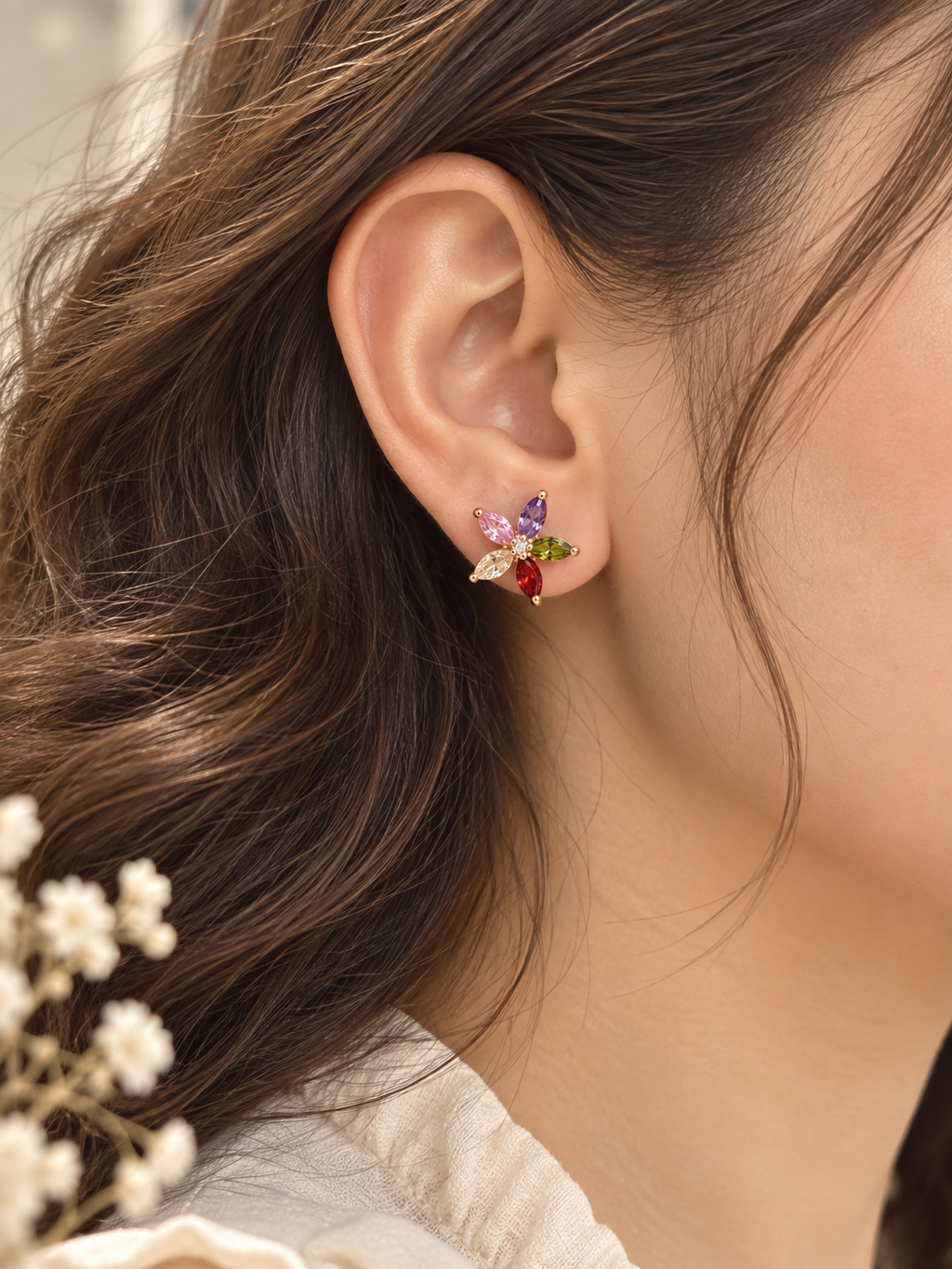 Rainbow Petal Crystal Stud Earrings
